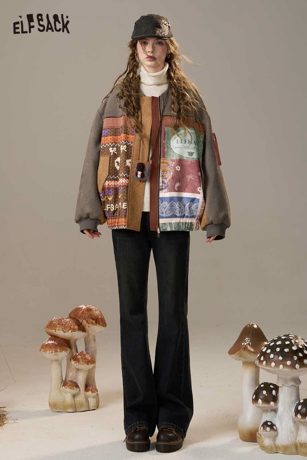 ELFSACK bohemian print puffer jacket featuring a colorful patchwork design and relaxed fit