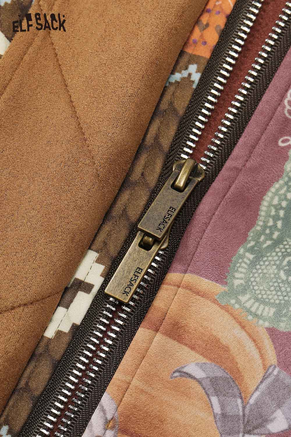 Inside view of ELFSACK bohemian print puffer jacket showing intricate stitching and zipper details
