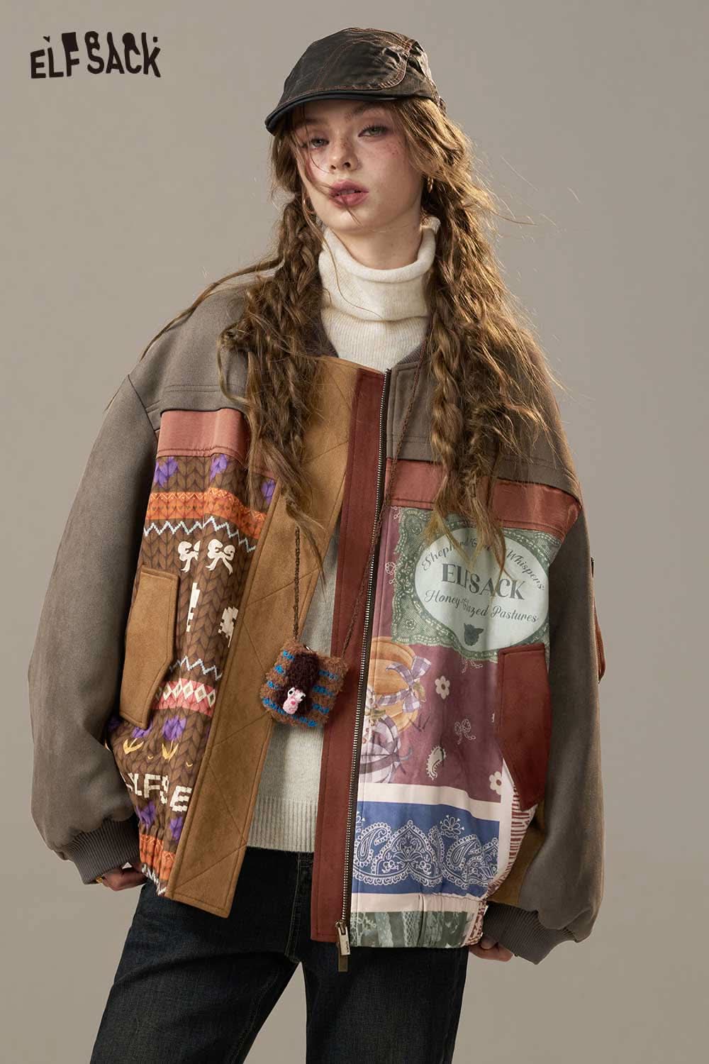 ELFSACK bohemian print puffer jacket with vibrant patterns and oversized fit for a trendy look
