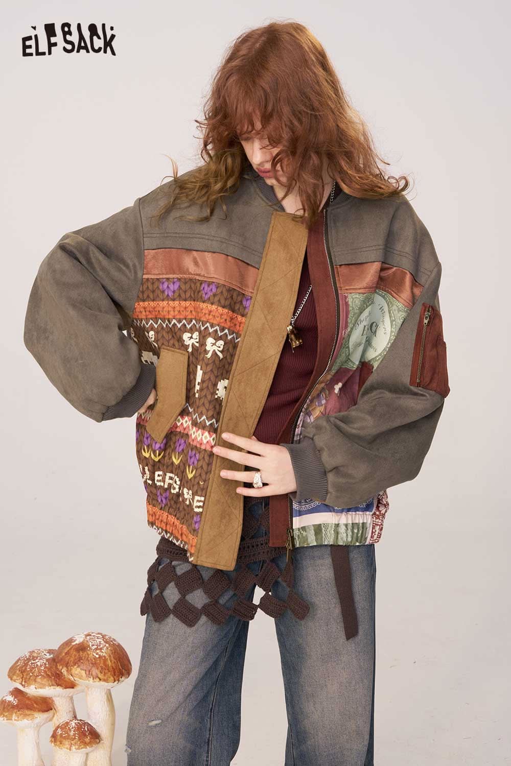 ELFSACK bohemian print puffer jacket with unique patterns and stylish design for cozy winter wear