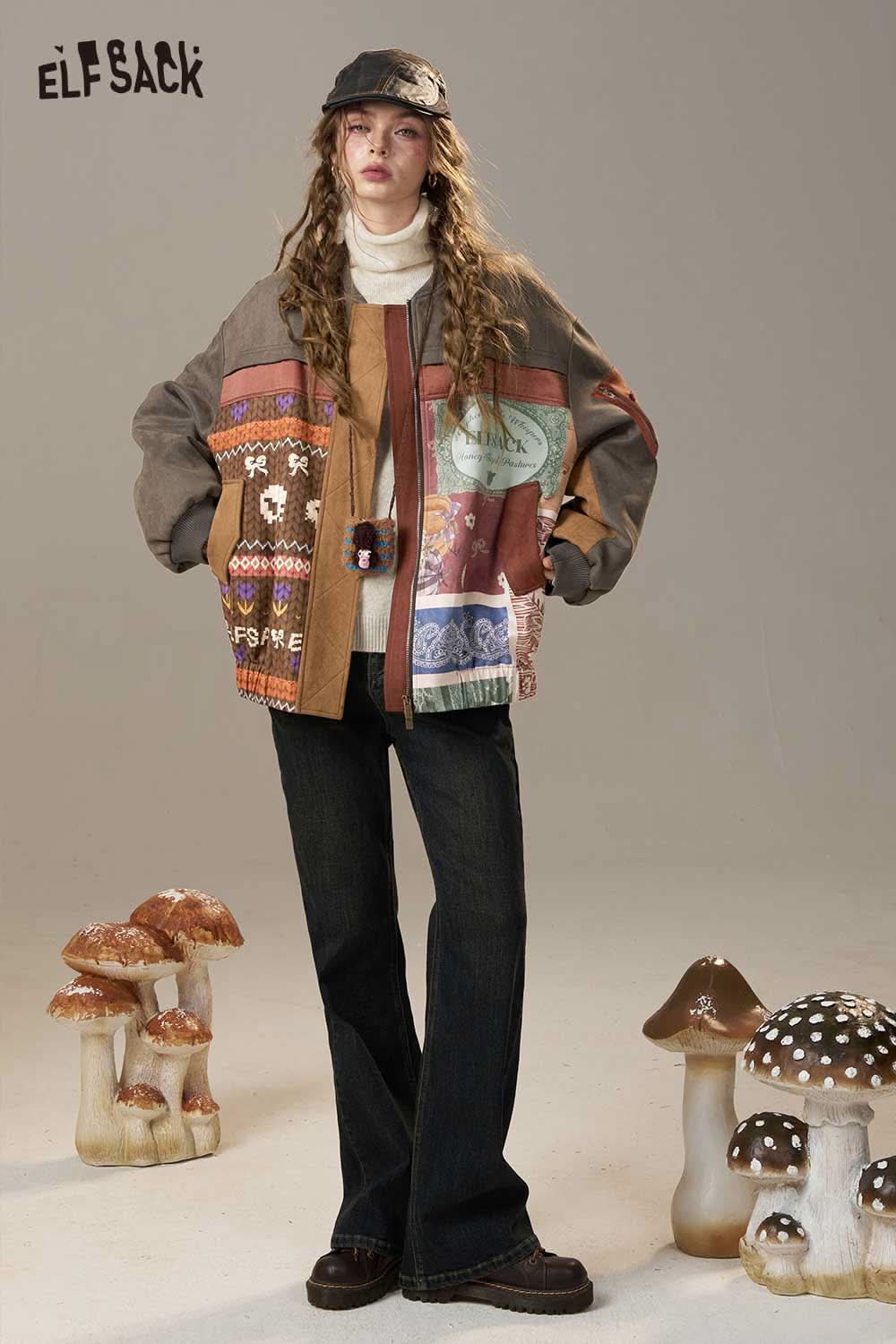 ELFSACK bohemian print puffer jacket with colorful patterns and relaxed fit for a stylish winter look