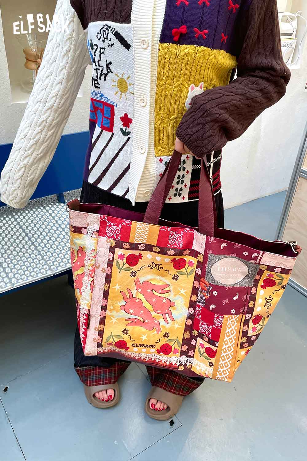 Colorful ELFSACK bohemian rabbit print shoulder bag with patchwork design and sturdy handles