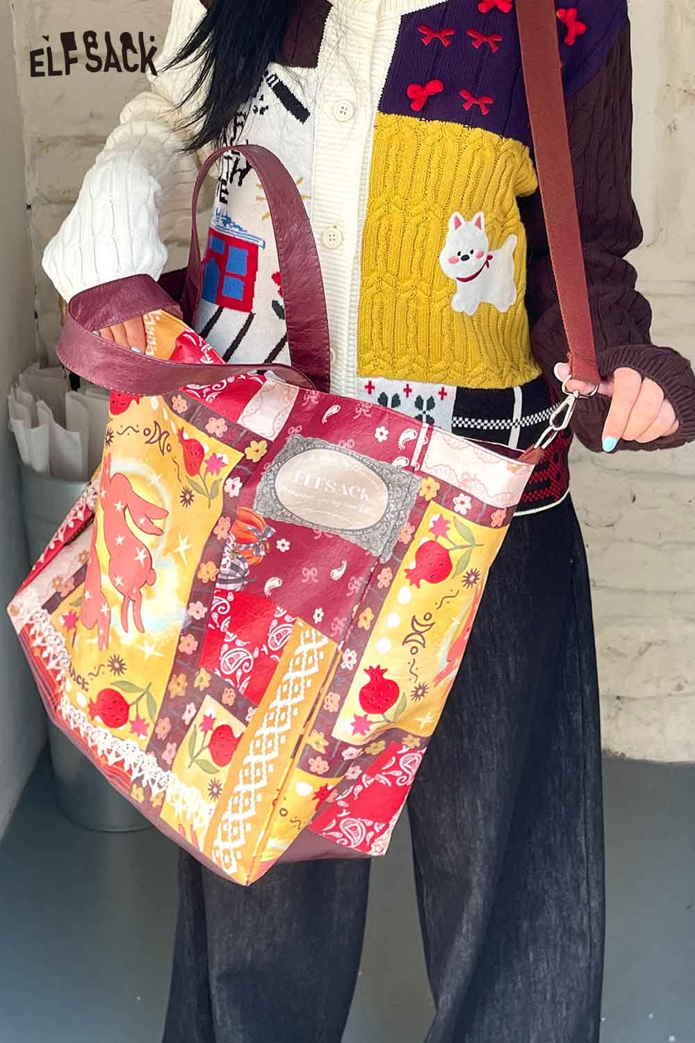 ELFSACK bohemian rabbit print shoulder bag in vibrant colors with a stylish design and adjustable strap