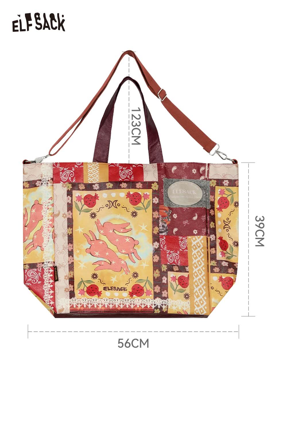 ELFSACK Bohemian rabbit print shoulder bag in colorful patchwork design with sturdy straps