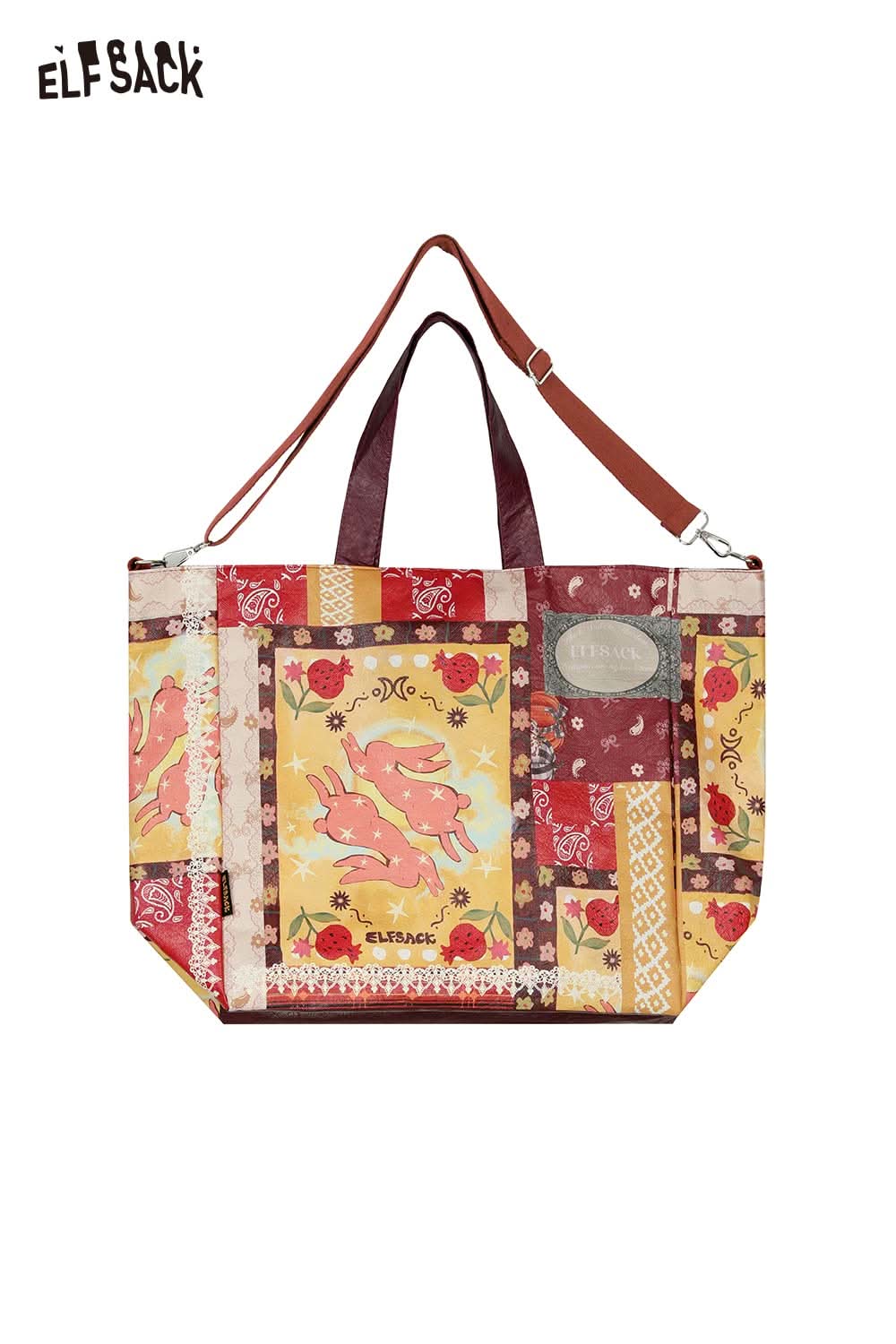 ELFSACK Bohemian Rabbit Print Shoulder Bag with Colorful Patchwork Design and Dual Straps