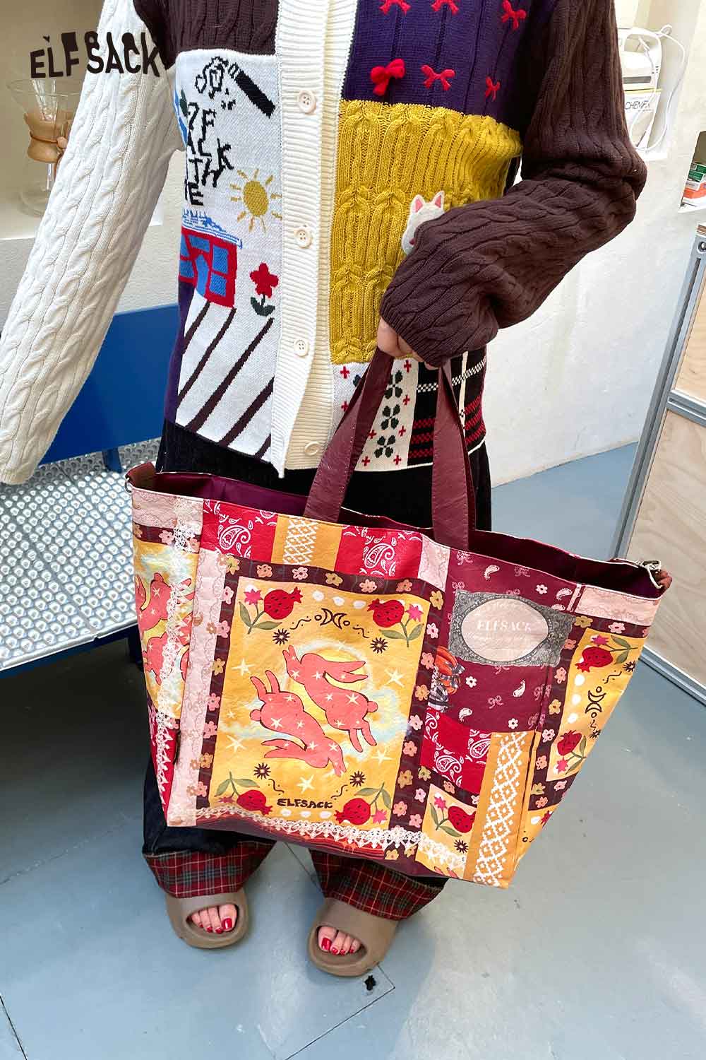 ELFSACK bohemian rabbit print shoulder bag with a colorful patchwork design for stylish accessorizing