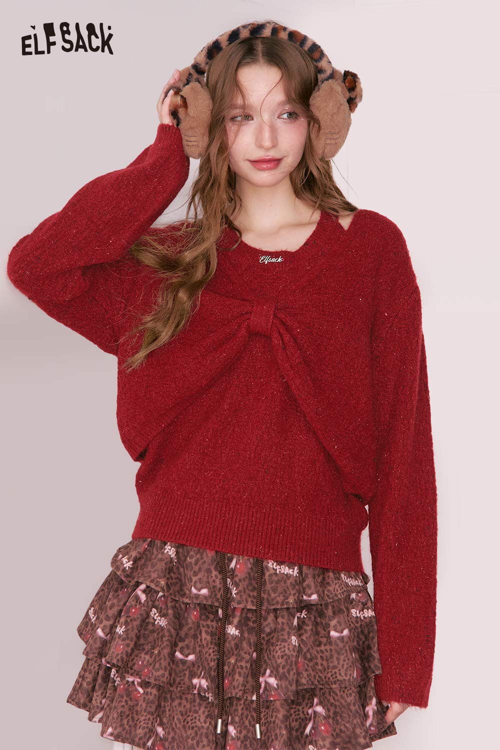 ELFSACK bow embellished cutout sweater in red, featuring a stylish bow detail and cozy design