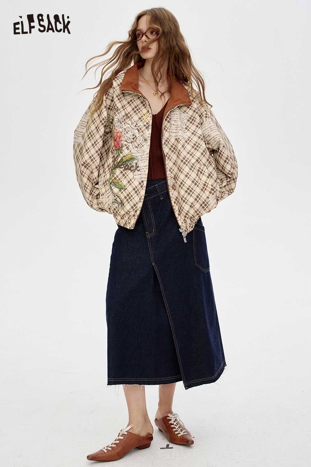 ELFSACK breathable checkered graphic jacket for women featuring floral design and oversized fit