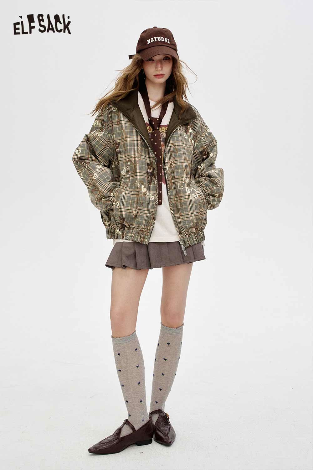 ELFSACK breathable checkered graphic jacket for women styled with a skirt and accessories
