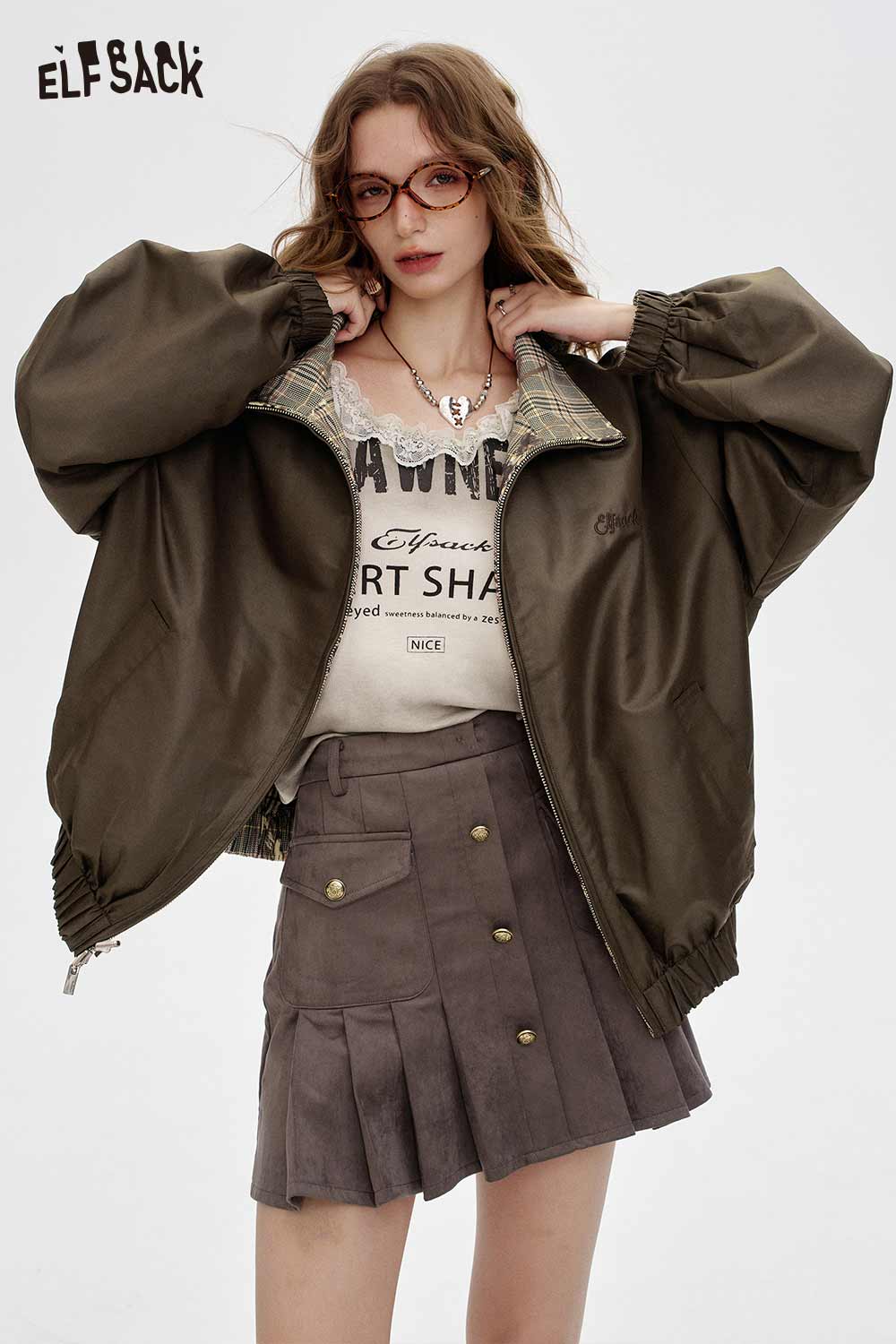 ELFSACK breathable checkered graphic jacket for women styled with a casual outfit