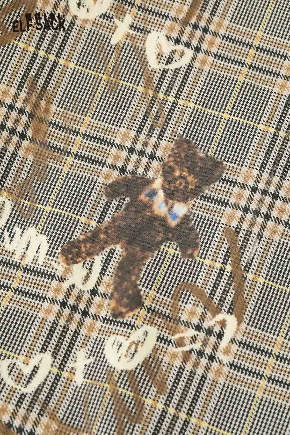ELFSACK breathable checkered graphic jacket for women featuring a cute teddy bear design
