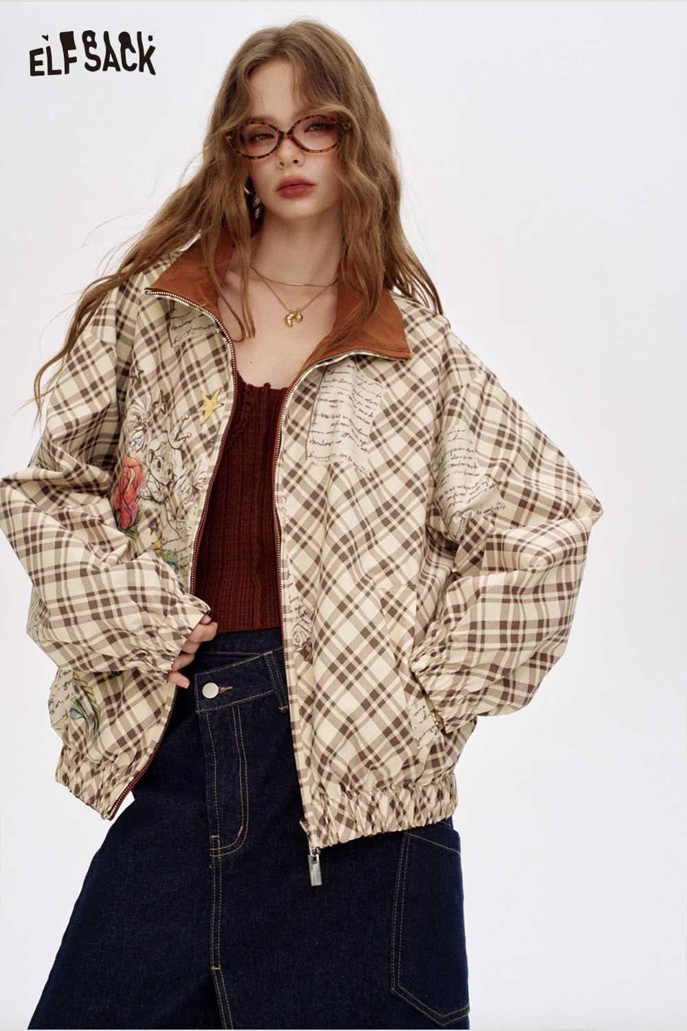 ELFSACK breathable checkered graphic jacket for women with floral embroidery and cozy pockets