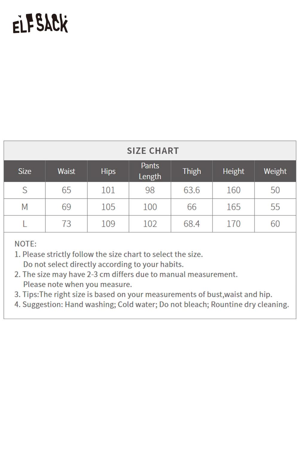 Size chart for ELFSACK white cropped sweat pants for women detailing measurements for sizes S, M, and L