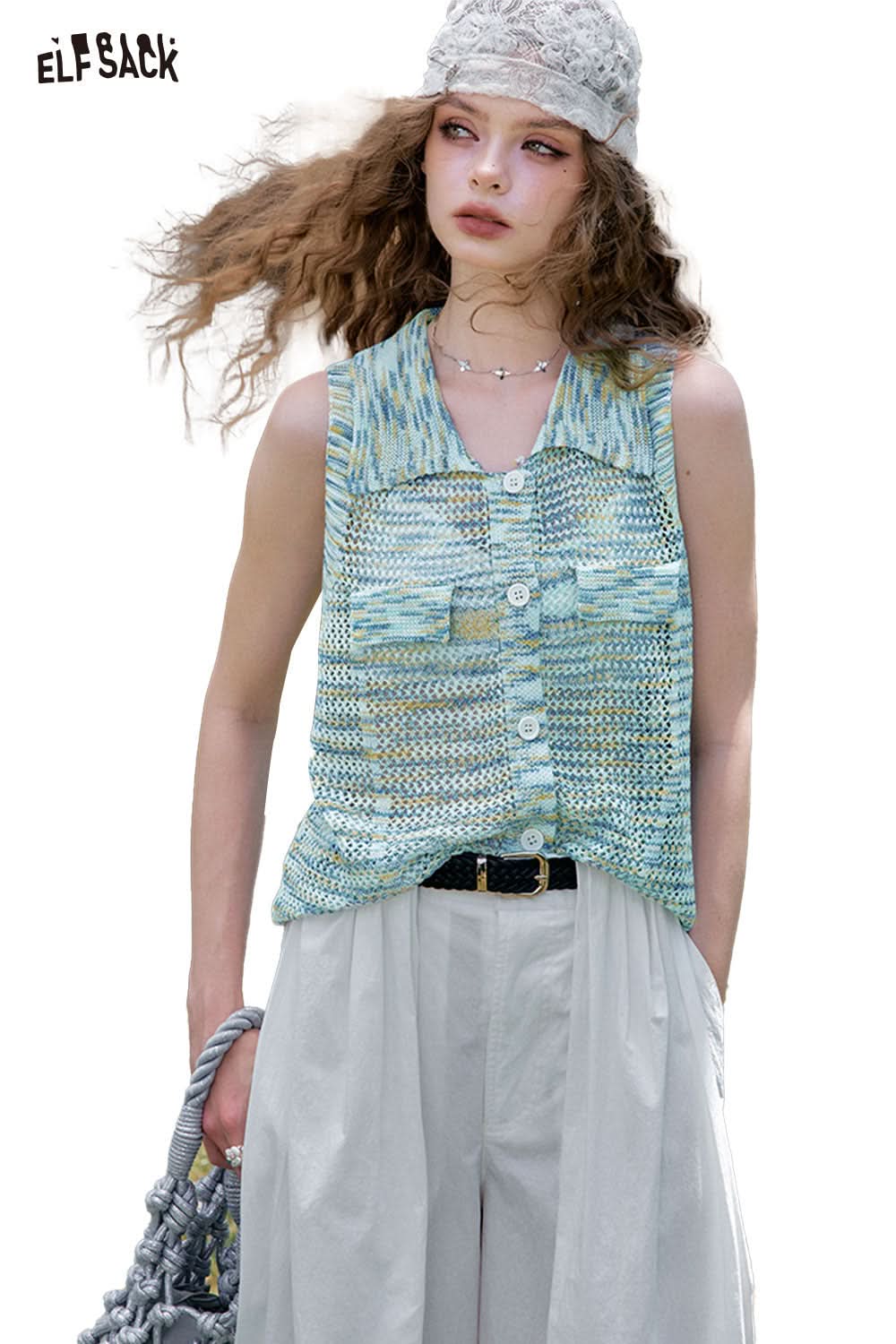 ELFSACK Button Cutout Sleeveless Cardigan