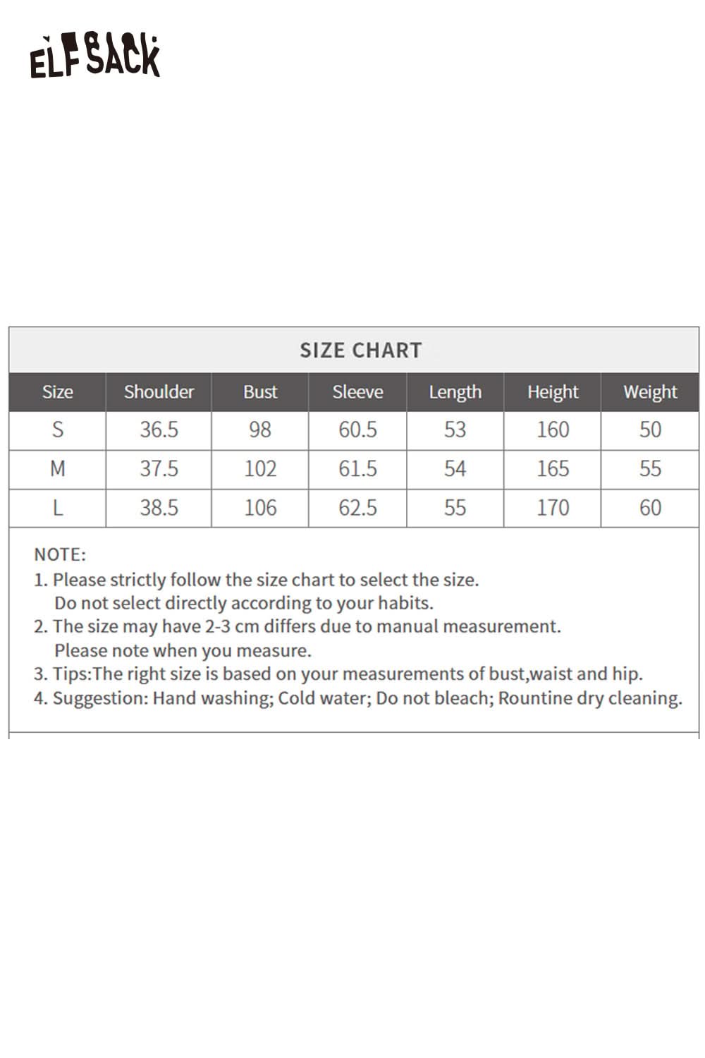 Size chart for ELFSACK cartoon kitten embroidered sweater with measurements for small, medium, and large sizes.