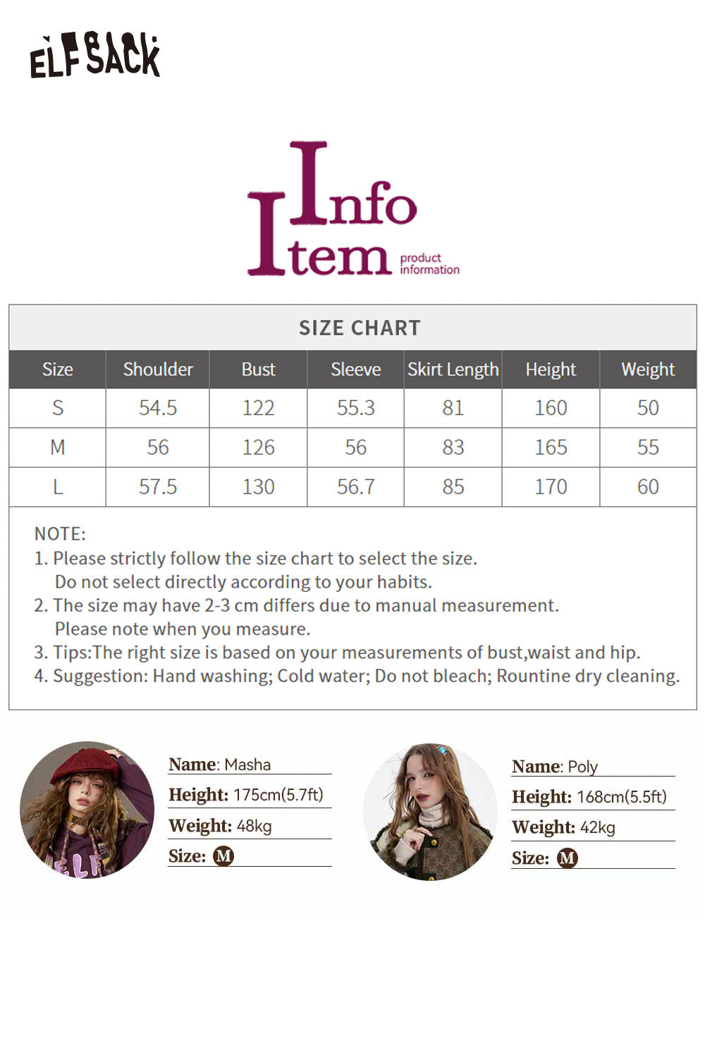 ELFSACK cherry embroidery dress size chart with detailed measurements and care instructions