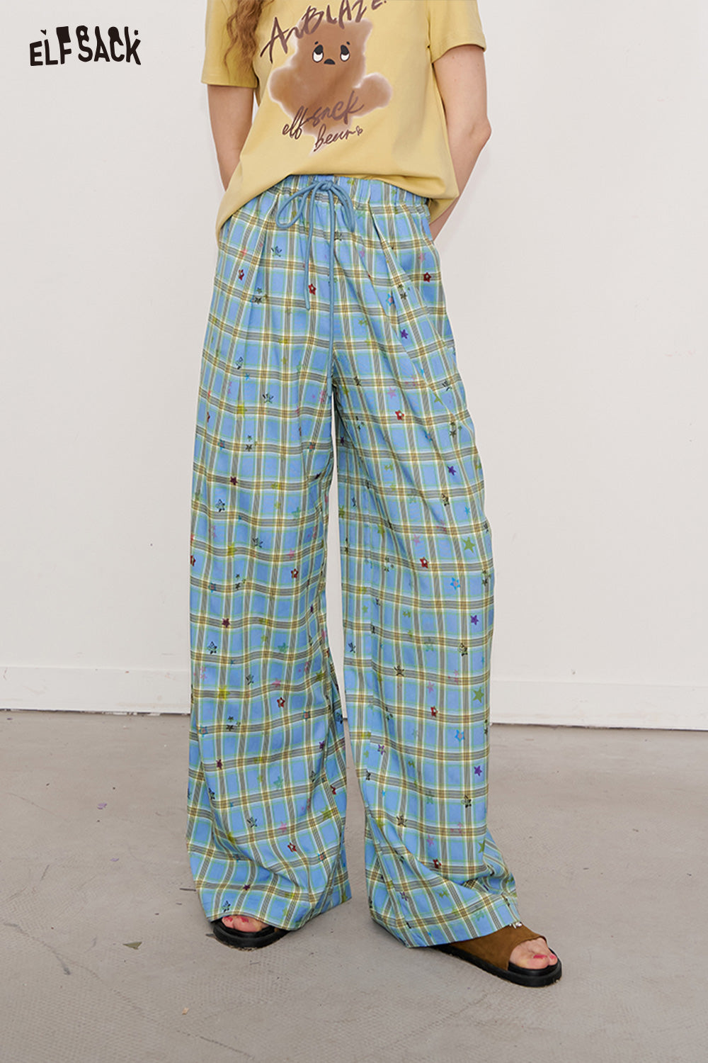 ELFSACK Clash Of Colours Plaid Star Wide Leg Trousers