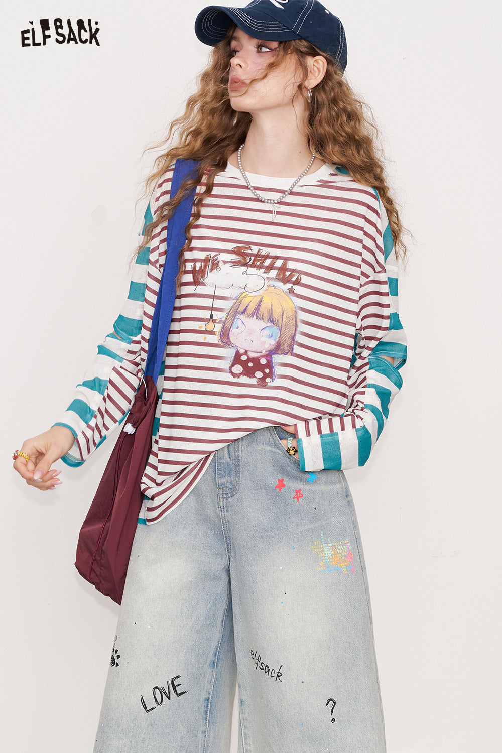 ELFSACK Clash Of Colours Striped Printed Long-Sleeved T-Shirt