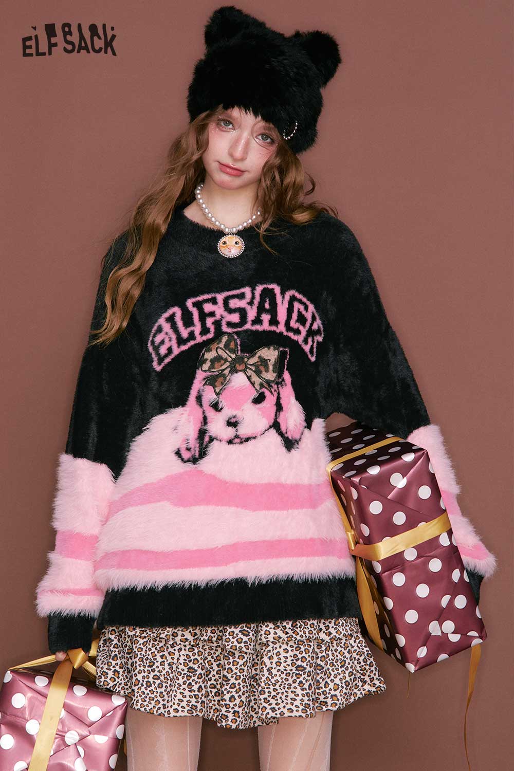 ELFSACK color block animal graphic sweater in pink and black with playful dog design and cozy style