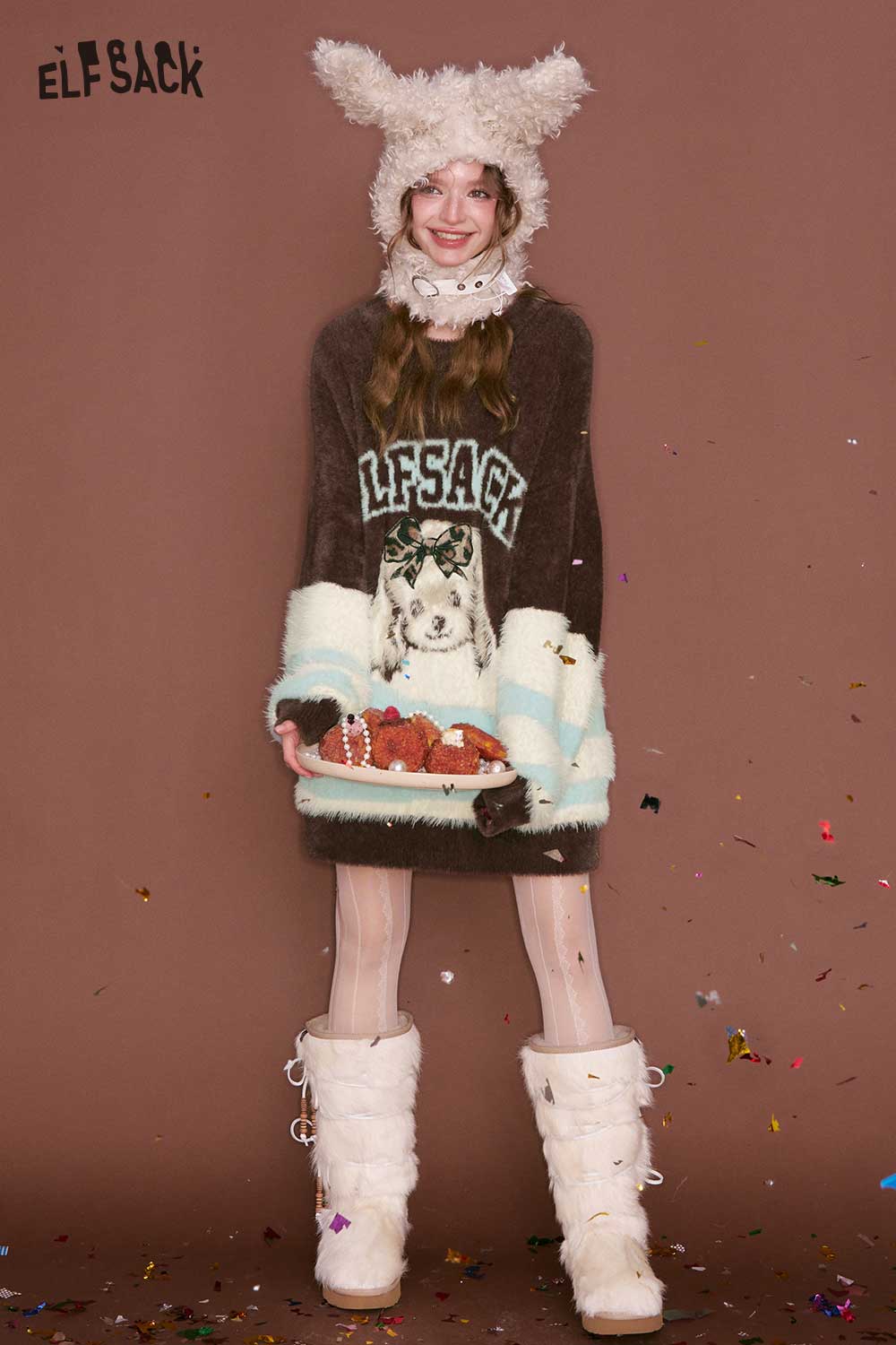 ELFSACK color block animal graphic sweater with a unique animal design, paired with cozy accessories