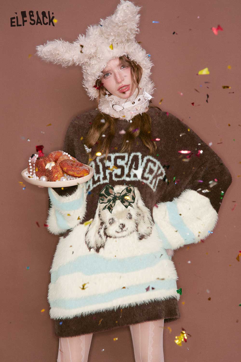 ELFSACK color block animal graphic sweater featuring a cute dog design in soft, cozy fabric