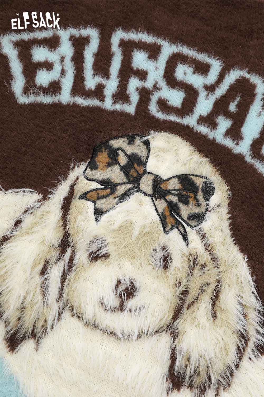ELFSACK color block animal graphic sweater featuring a cute puppy design and stylish bow accent
