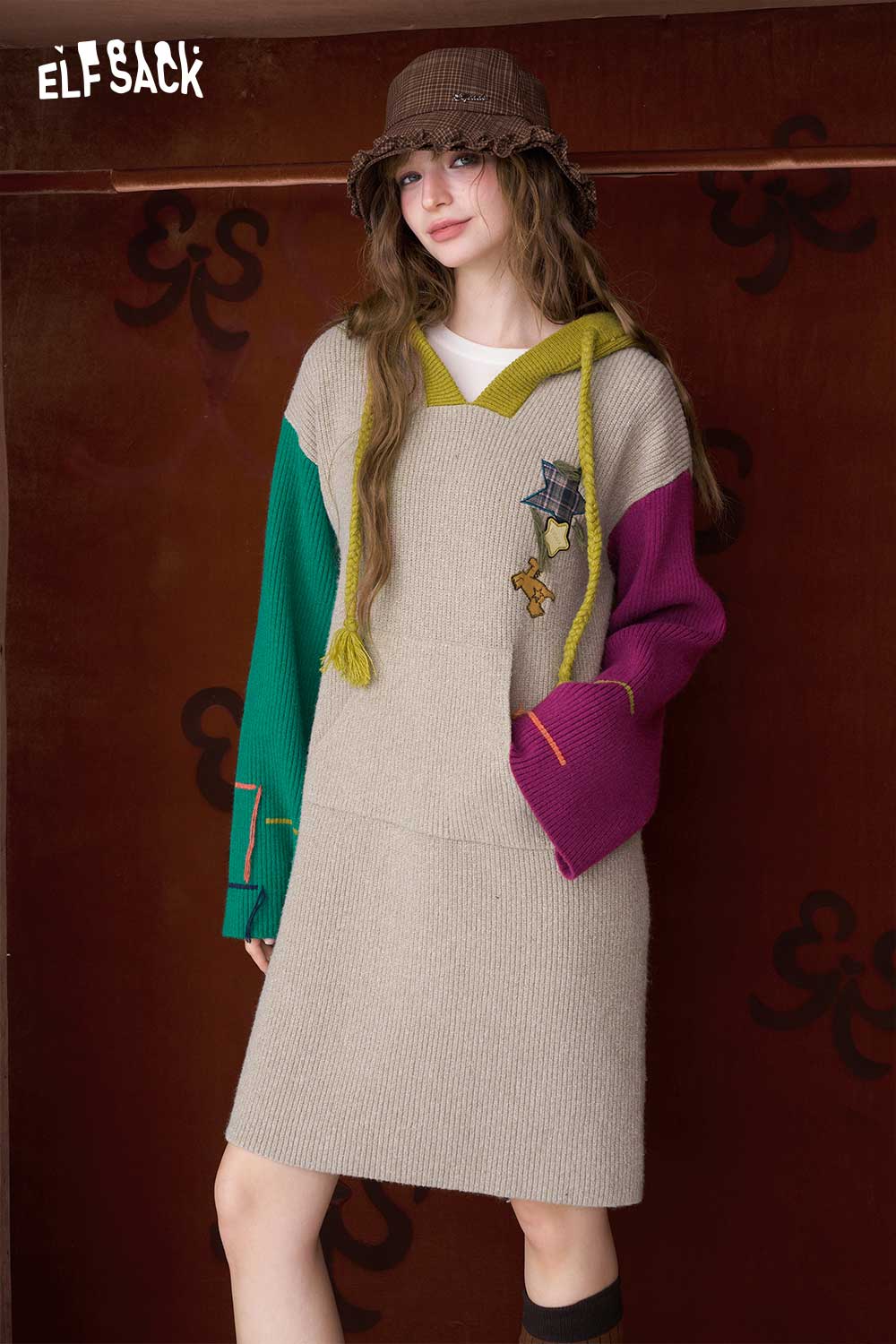 ELFSACK color block hooded dress in beige, green, and purple with whimsical designs for a trendy look