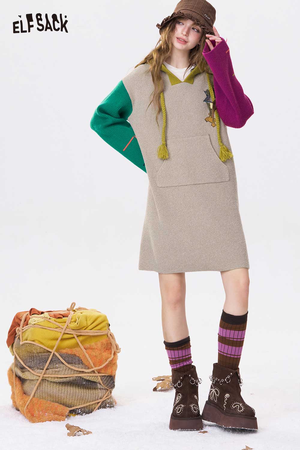 ELFSACK Color Block Hooded Dress with Pocket and Stylish Multi-Color Sleeves for Casual Wear