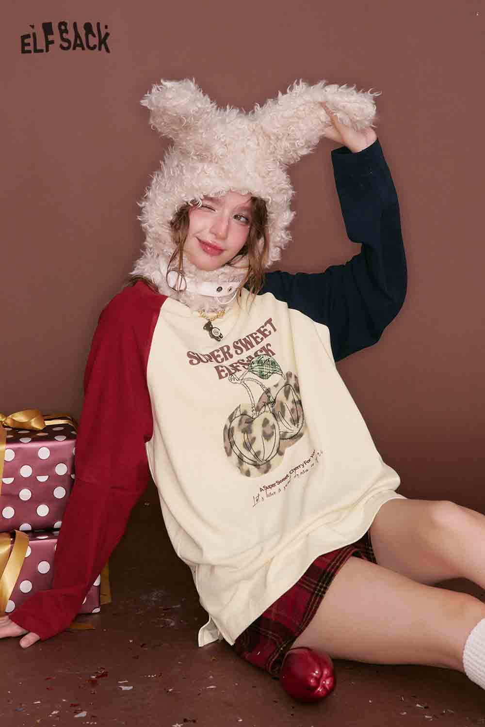 ELFSACK color block raglan sleeve tshirt in cream, red, and navy with playful graphics