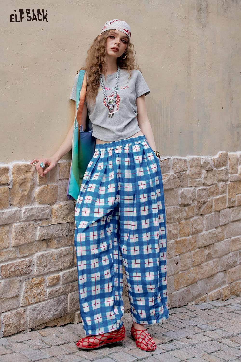 ELFSACK Colorful Checkered Wide Leg Casual Pants