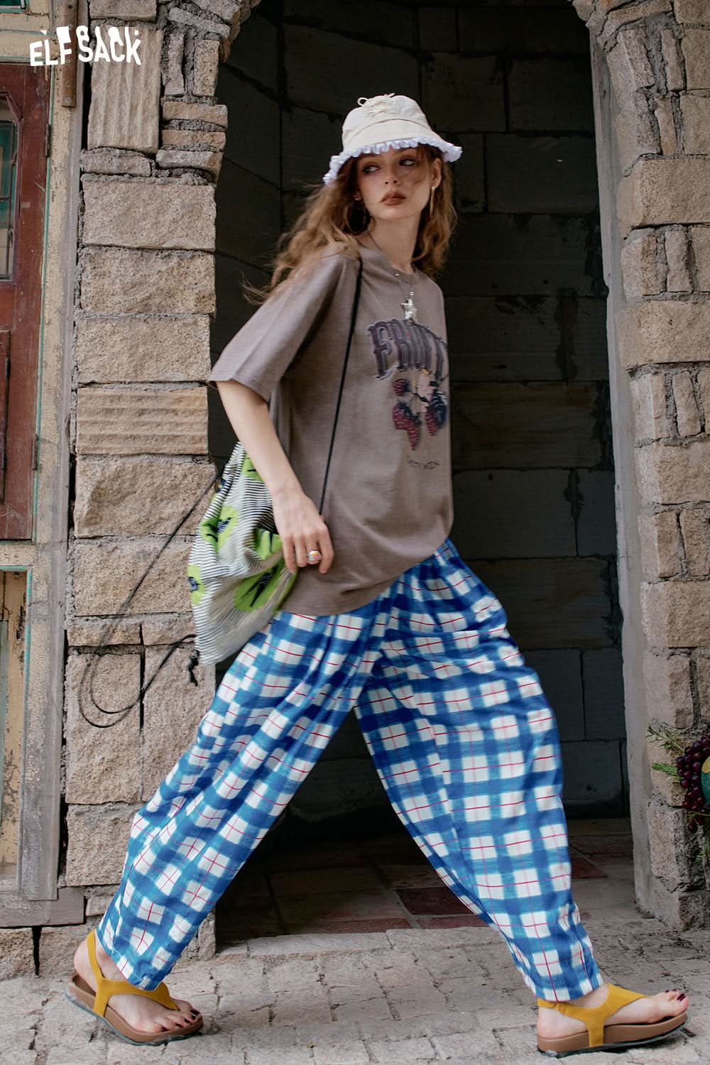 ELFSACK Colorful Checkered Wide Leg Casual Pants