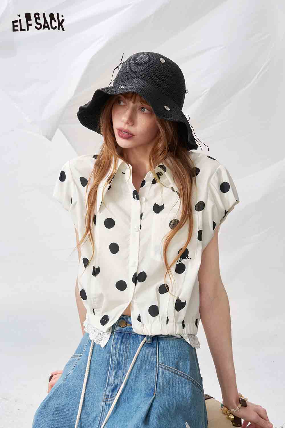 ELFSACK Women's Polka Dot Crop Top with Short Sleeves and Drawstring Hem for a Chic Look