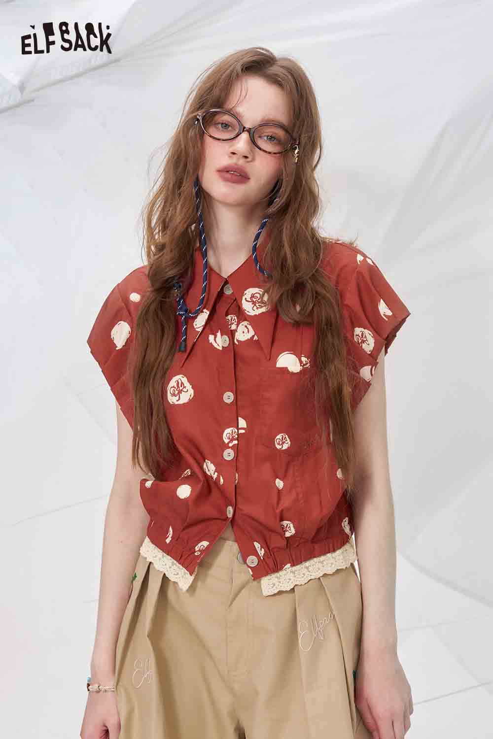 ELFSACK Women's Crop Top in Rust with Floral Print and Button Front Design