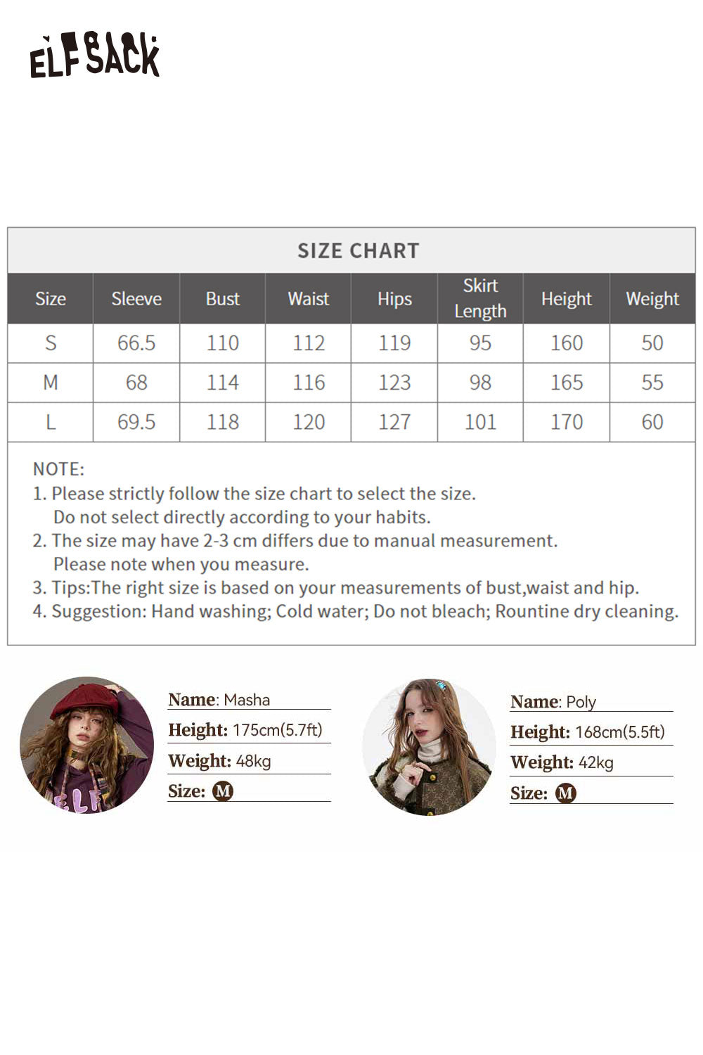 ELFSACK cute graphic knit dress size chart listing measurements for small, medium, and large sizes