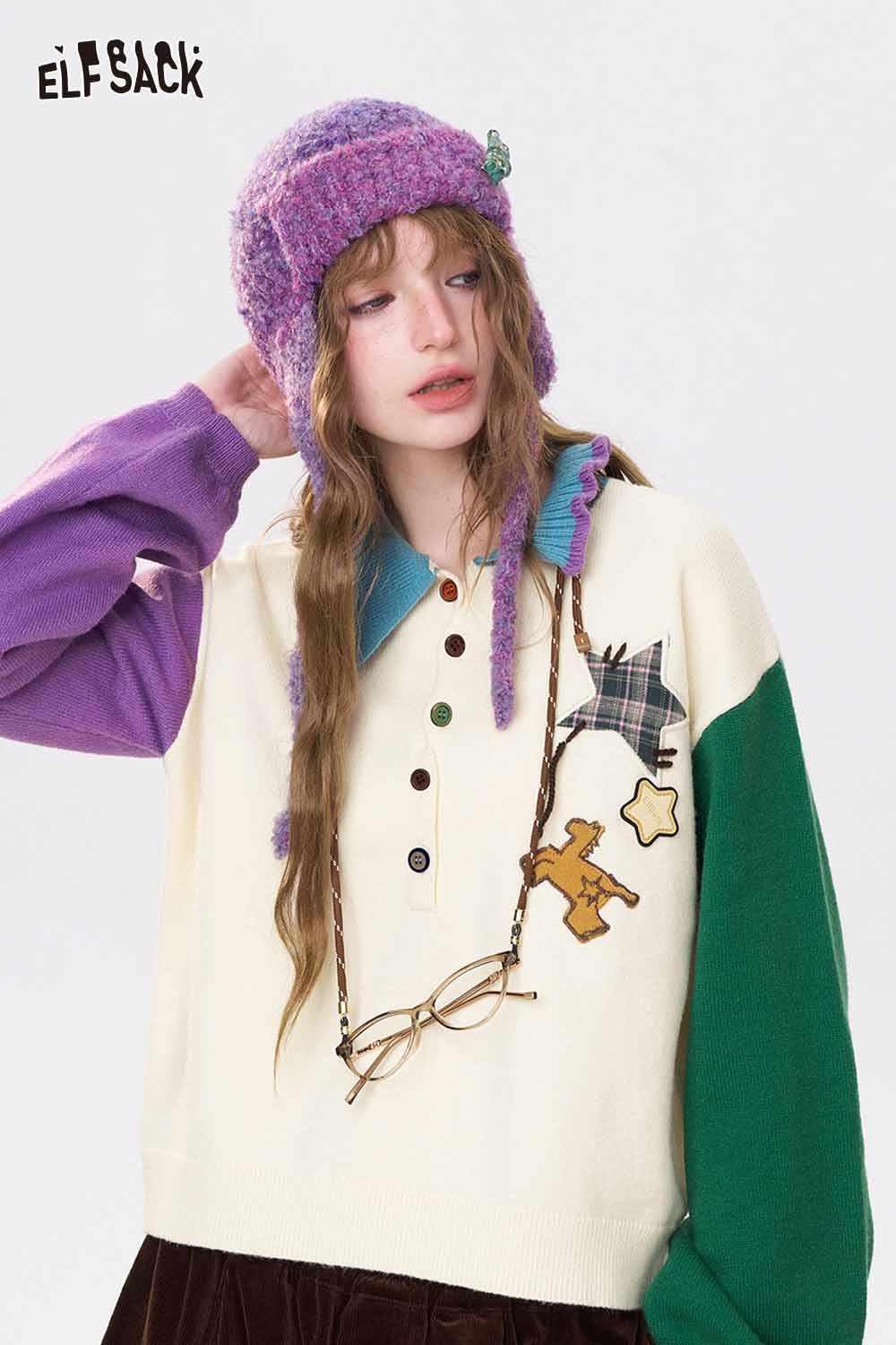 ELFSACK cute graphic polo neck sweater in cream with colorful patchwork and playful designs