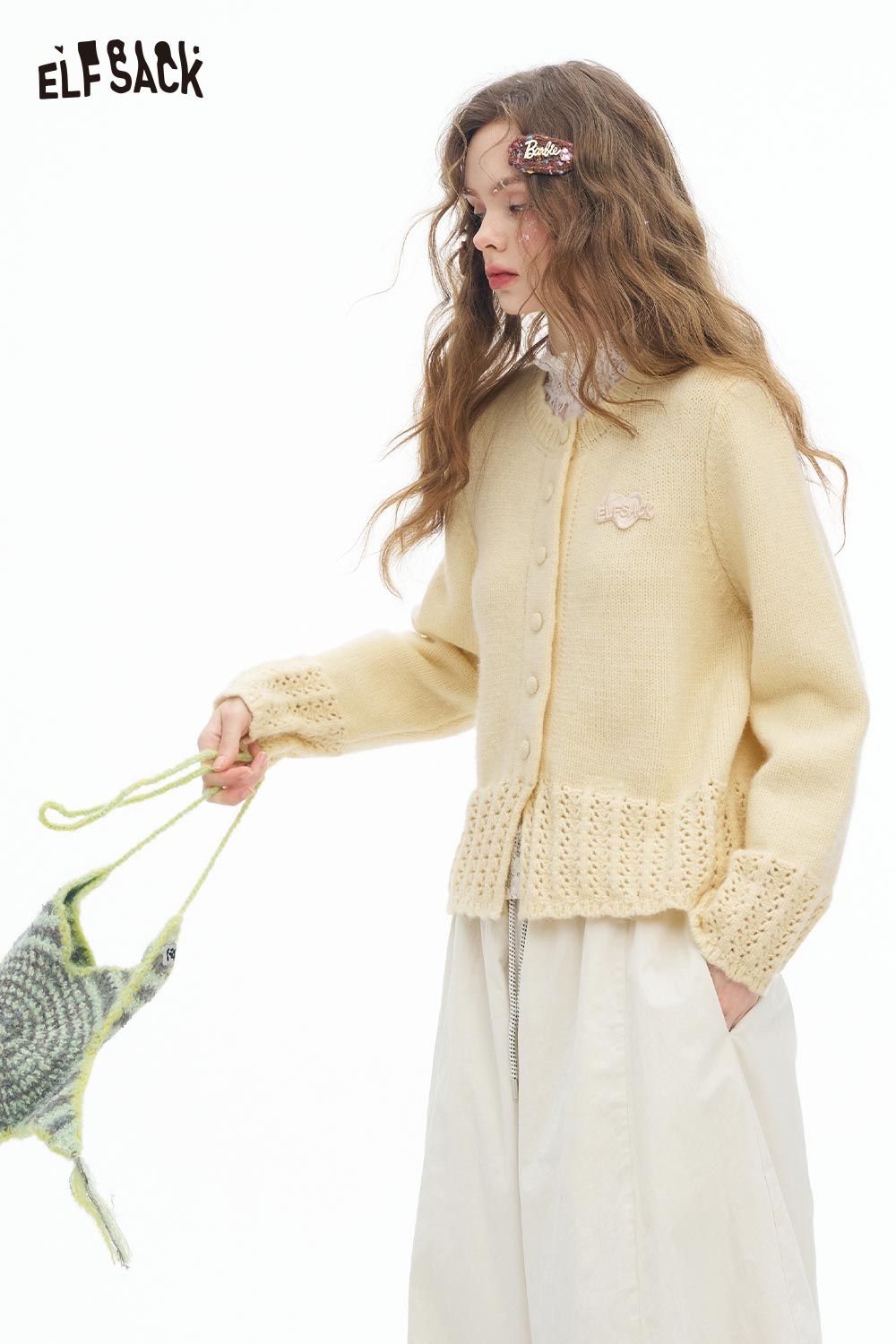 ELFSACK cute knit embroidered sweater for women in soft yellow with button details and unique hem design