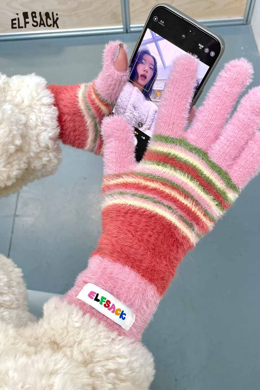 ELFSACK cute striped finger gloves in pink, red, and green with soft texture for stylish warmth