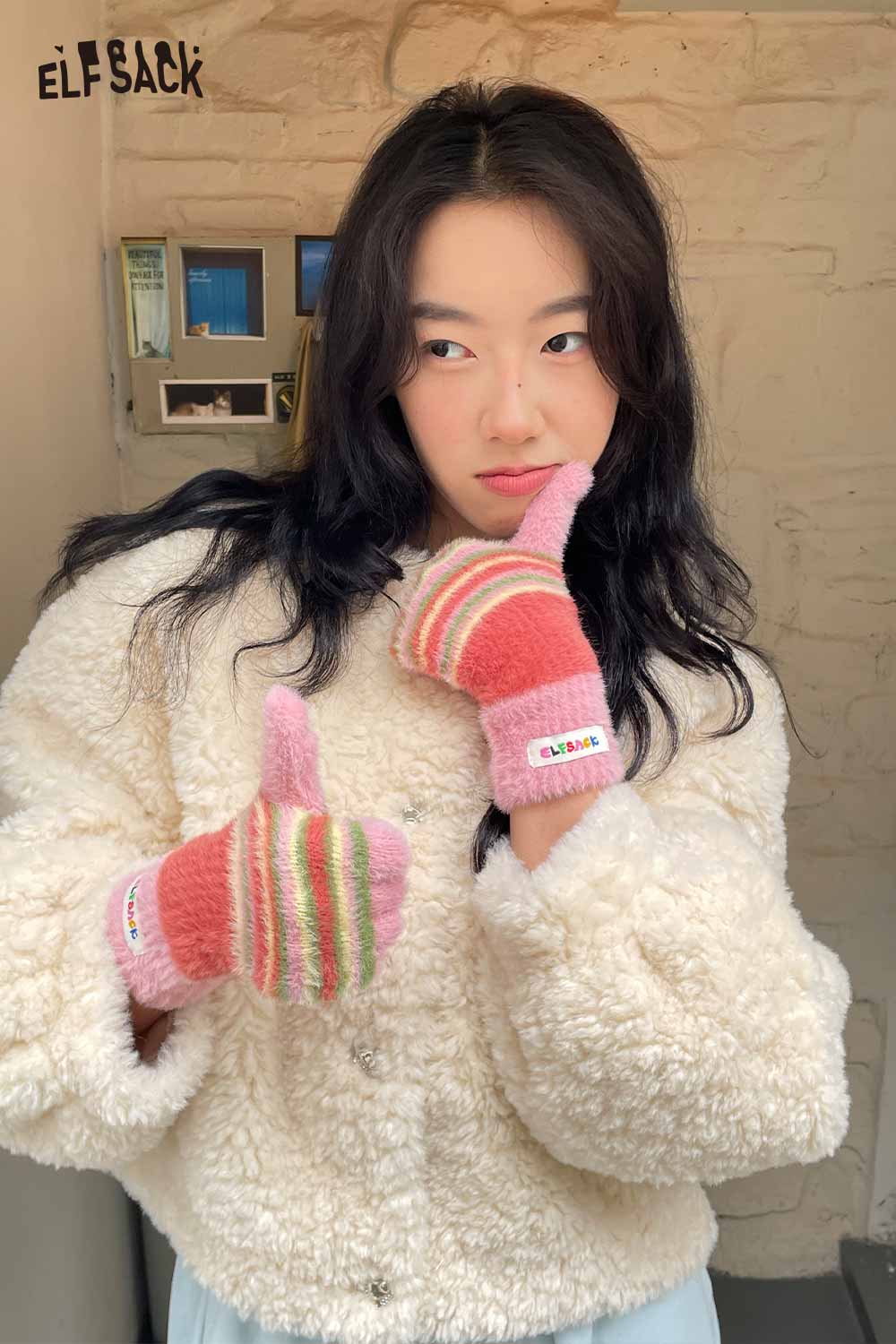 ELFSACK Cute Striped Finger Gloves in Pink with Colorful Stripes for Trendy Winter Fashion