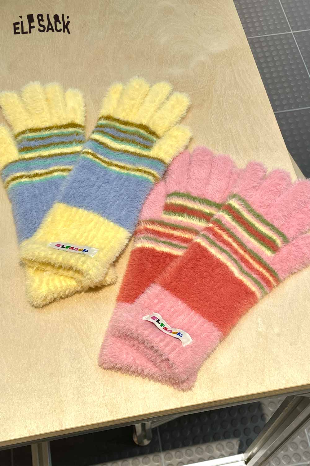 ELFSACK cute striped finger gloves in pastel colors for a cozy and stylish winter accessory