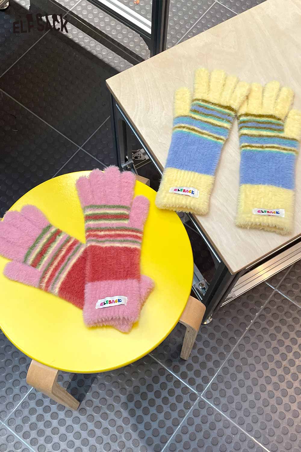 Cute striped finger gloves from ELFSACK, featuring colorful patterns and warm knit design