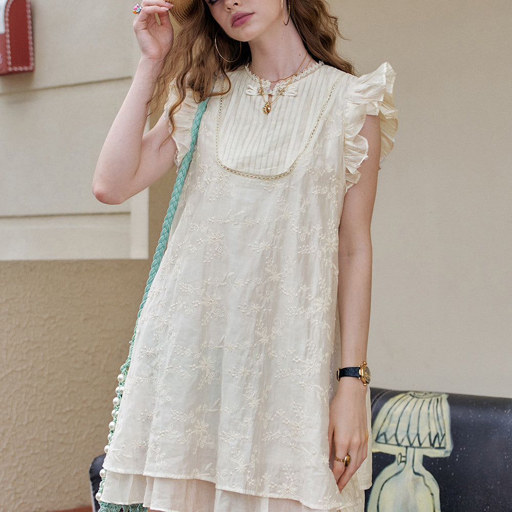 ELFSACK Embroidered Apricot Small Fly Sleeves Loose Casual Dress