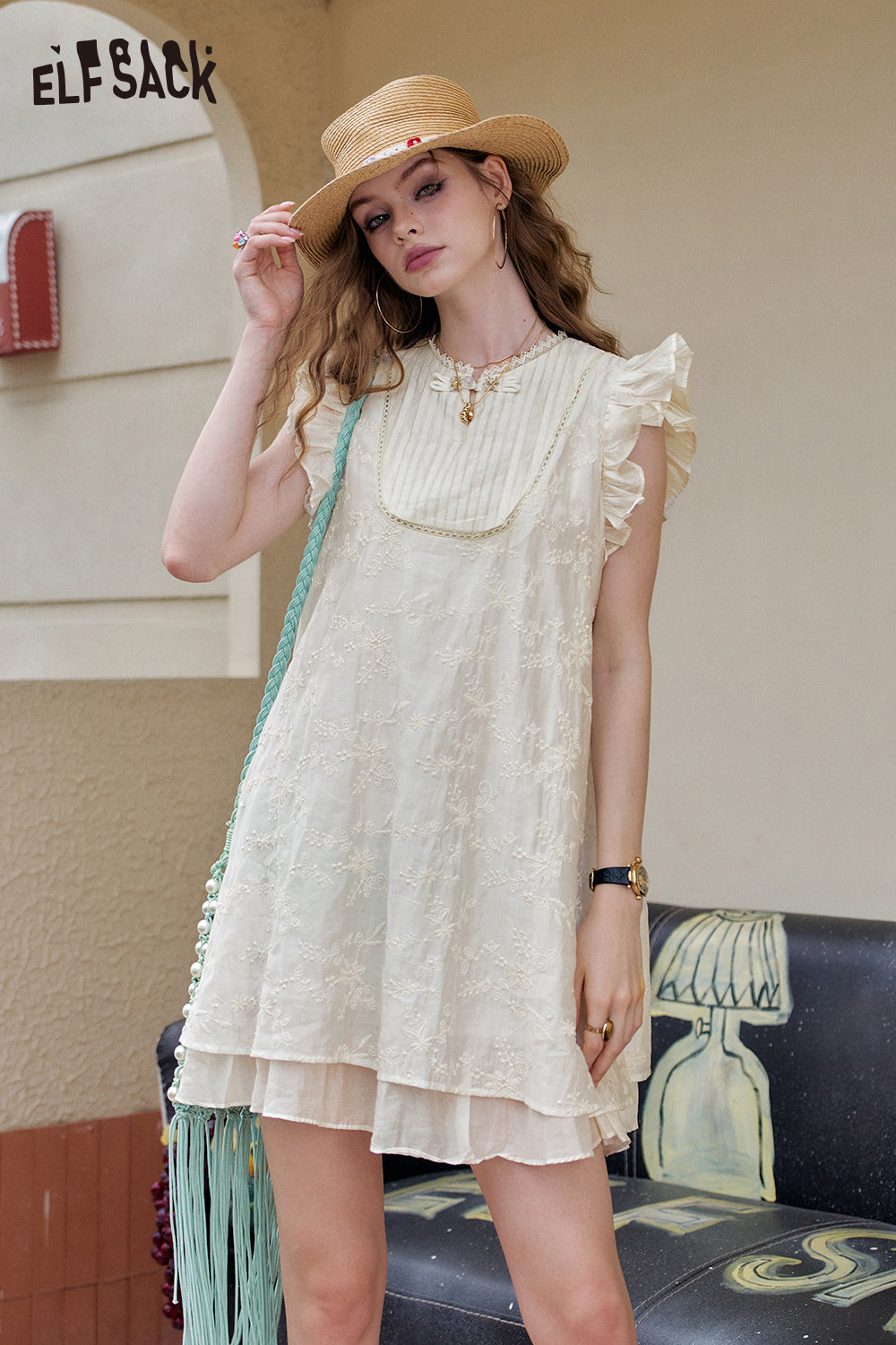 ELFSACK Embroidered Apricot Small Fly Sleeves Loose Casual Dress