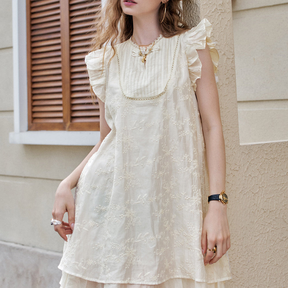 ELFSACK Embroidered Apricot Small Fly Sleeves Loose Casual Dress