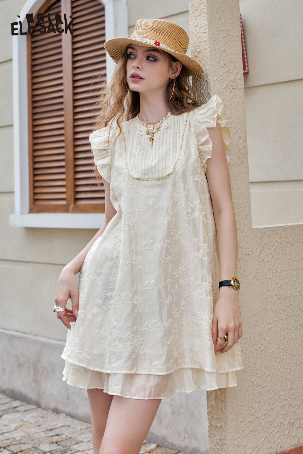 ELFSACK Embroidered Apricot Small Fly Sleeves Loose Casual Dress