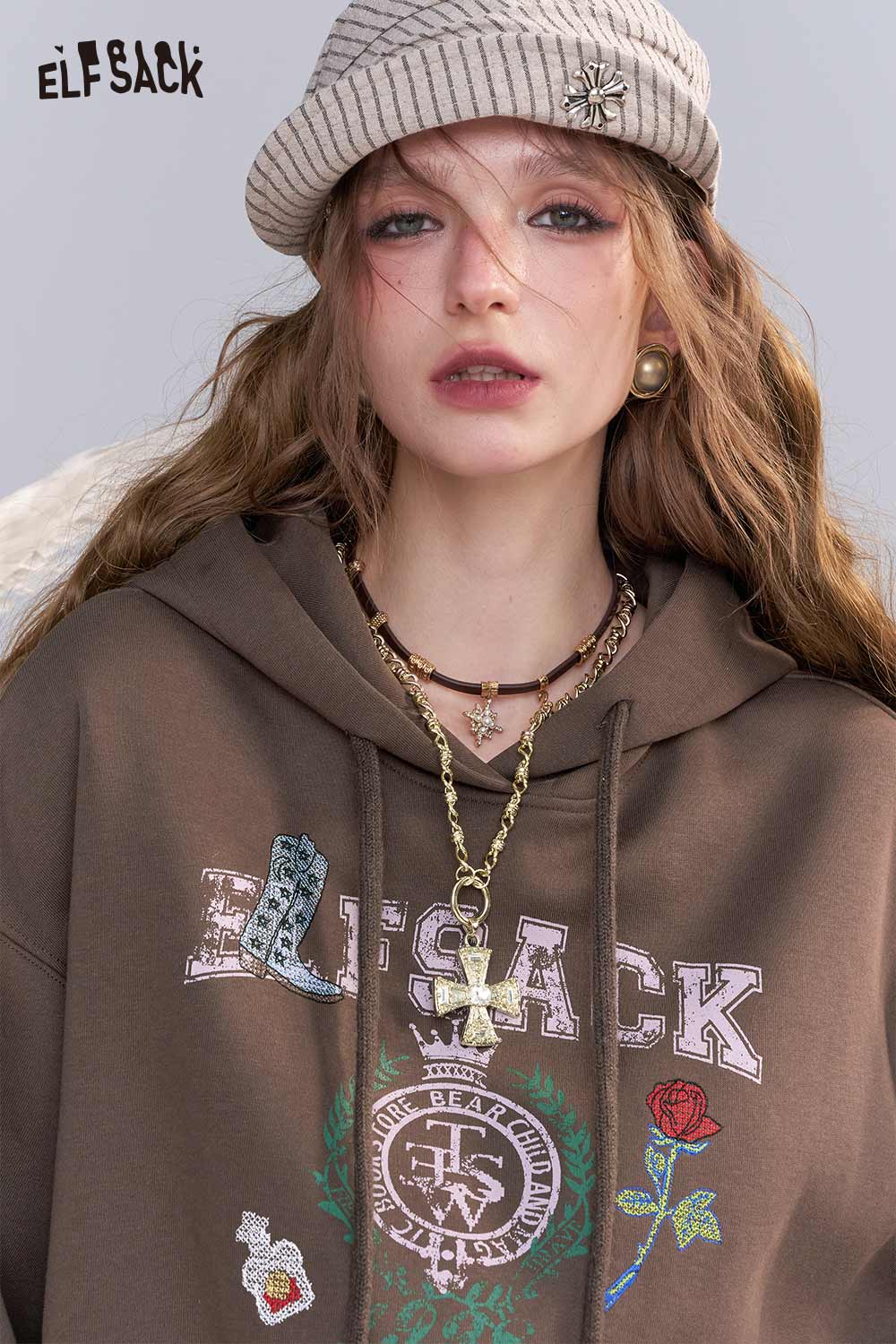 ELFSACK embroidered floral fleece hoodie in brown with unique graphics and a cozy fit