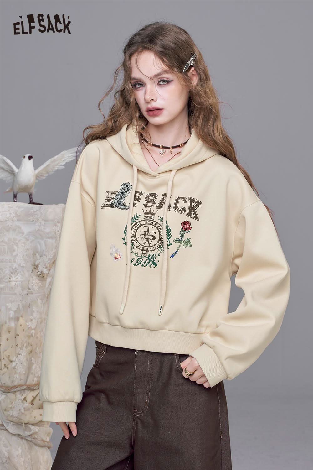 ELFSACK embroidered floral fleece hoodie in cream with floral embroidery and a cropped design