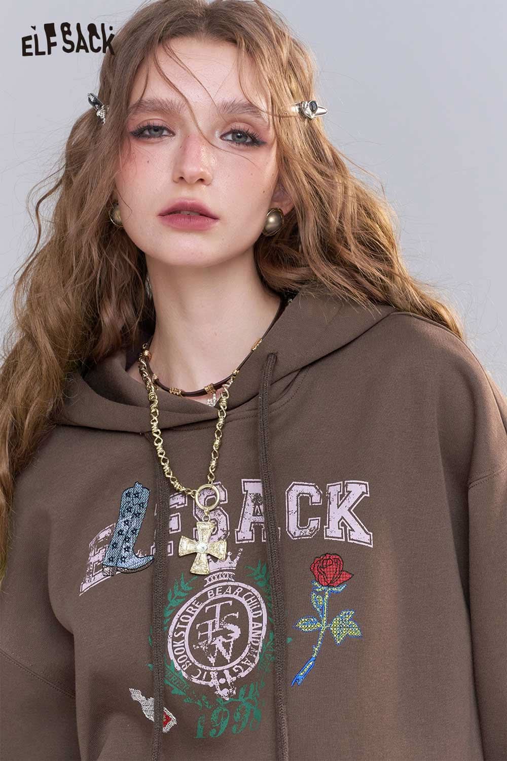 ELFSACK embroidered floral fleece hoodie in brown with colorful floral design and logo details