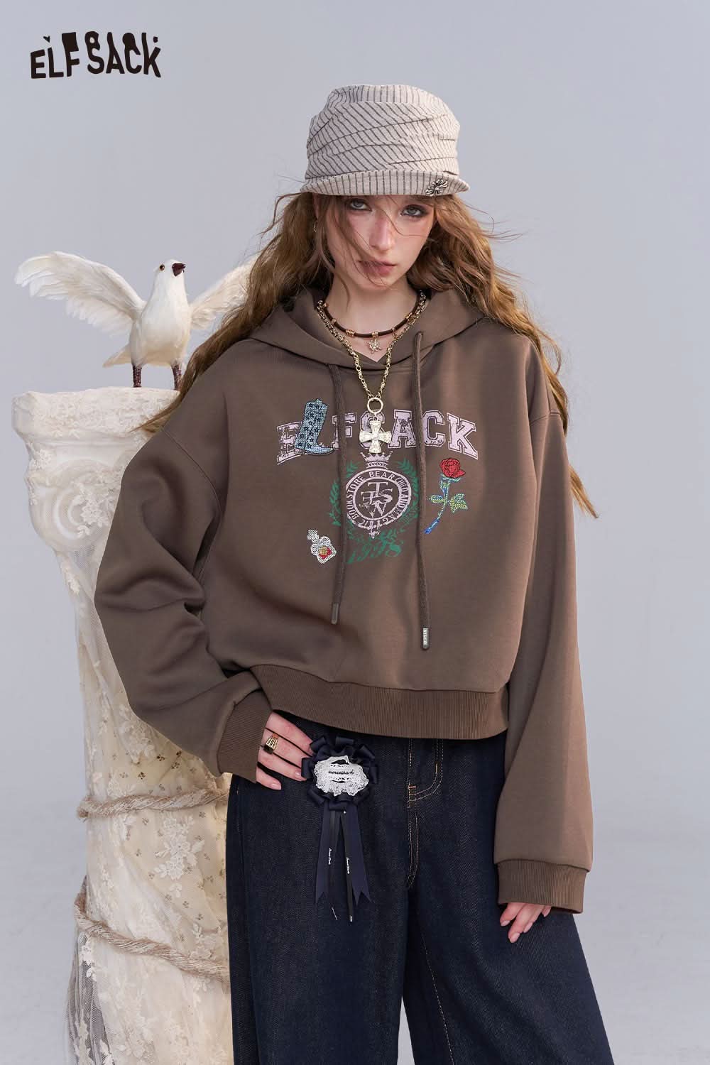 ELFSACK embroidered floral fleece hoodie in brown with a cropped design and decorative details