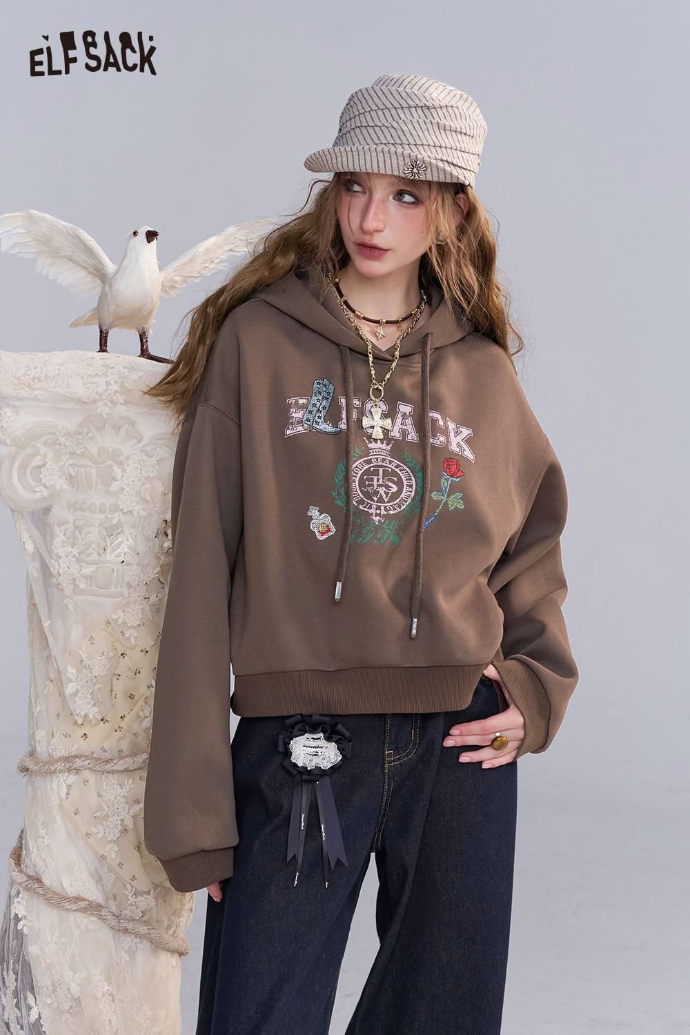 ELFSACK embroidered floral fleece hoodie in brown with floral design and drawstring details