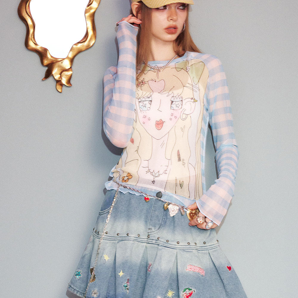 ELFSACK Embroidered Studded Denim Halter Short Skirt